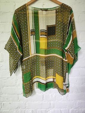 Sheer Geometric Print Blouse - Green & Yellow